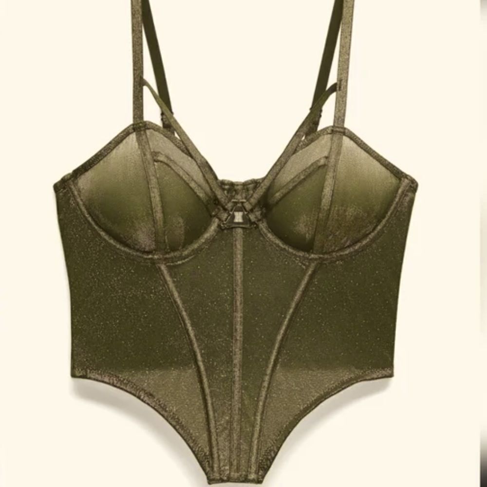 Savage X Fenty Olive Green Gold Platinum Mesh Bustier Adjustable‎ XS NWT